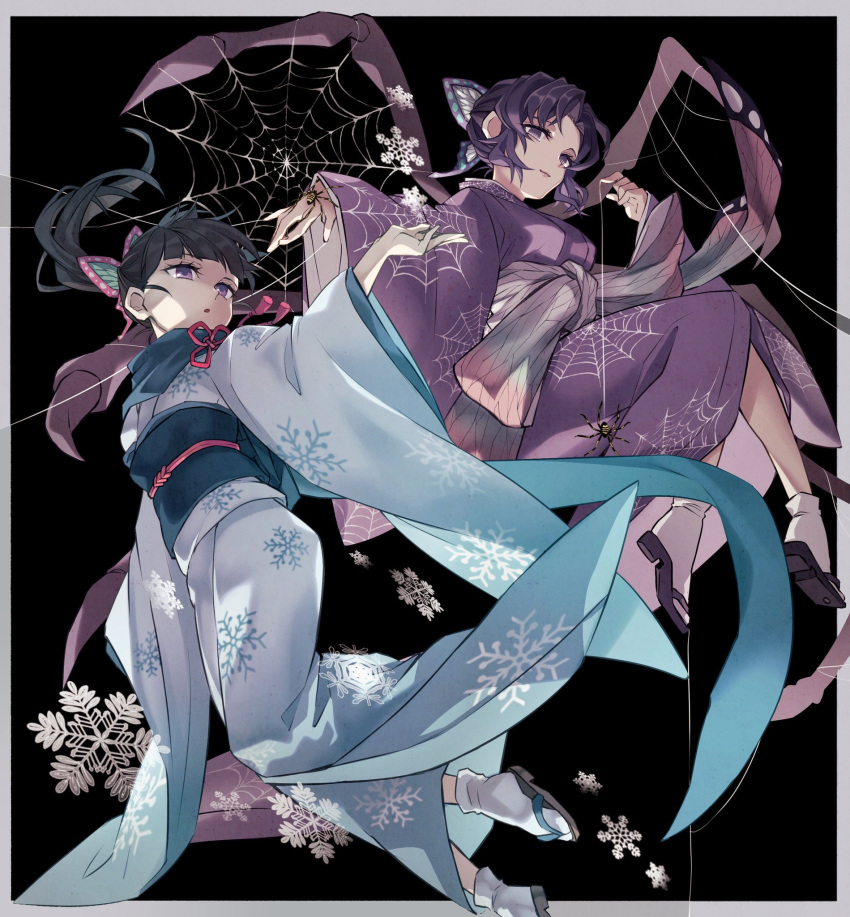 2girls, adapted_costume, animal, animal_on_hand, arthropod_girl, black_background, black_hair, blowing