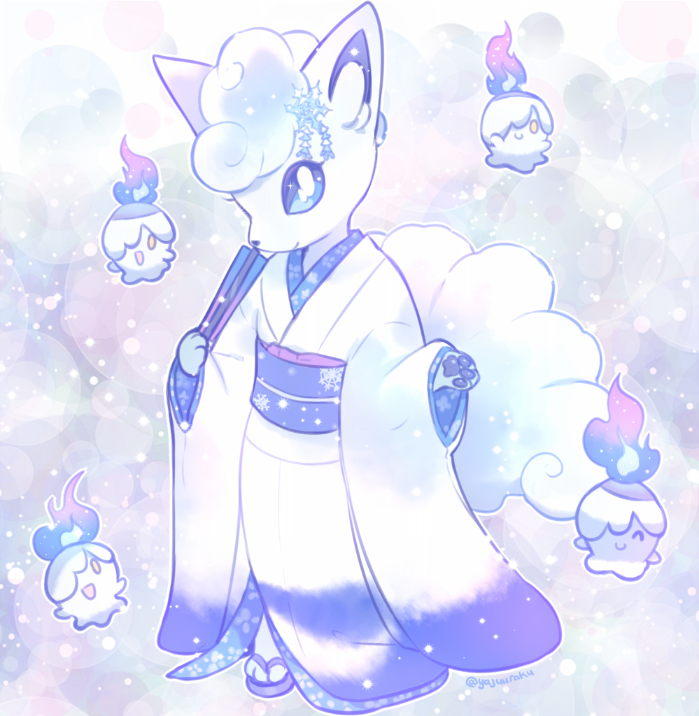 1girl, alolan_vulpix, blue_eyes, blue_fire, bright_pupils, closed_mouth, commentary_request, fire