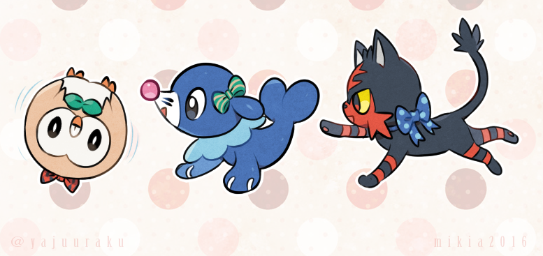 black_eyes, blue_bow, bow, bright_pupils, commentary, green_bow, litten, no_humans