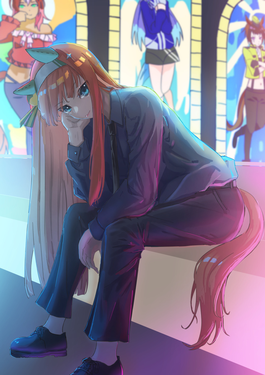 1girl, absurdres, animal_ears, belt, bench, black_footwear, black_necktie, black_pants