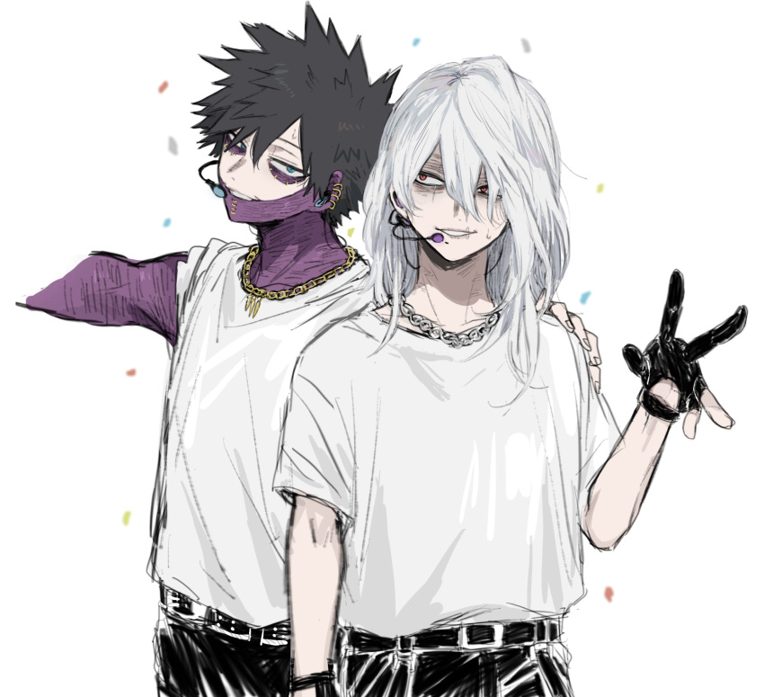 2boys, ametaro_(ixxxzu), black_hair, black_pants, blue_eyes, boku_no_hero_academia, burn_scar, chain_necklace