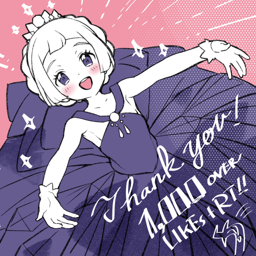 1girl, :d, bare_arms, blush, collarbone, cosplay, diantha_(pokemon), diantha_(pokemon)_(cosplay), dress, eyelashes, gloves, happy, highres, kinocopro, lillie_(pokemon), looking_at_viewer, milestone_celebration, open_mouth, pink_background, pokemon, pokemon_(game), pokemon_masters_ex, pokemon_sm, short_hair, sleeveless, sleeveless_dress, smile, solo, teeth, thank_you, tiara, upper_teeth_only