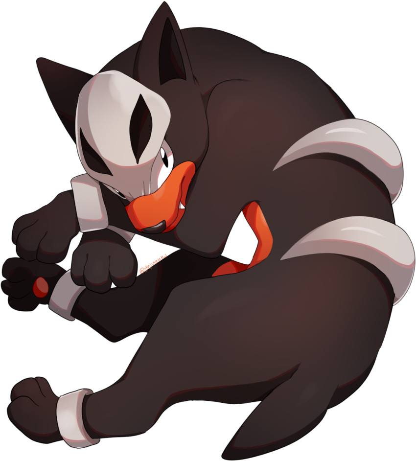 animal_focus, black_eyes, closed_mouth, commentary, dog, fang, fang_out, full_body, highres, houndour, looking_at_viewer, no_humans, pokemon, pokemon_(creature), simple_background, solo, white_background, yajuuraku