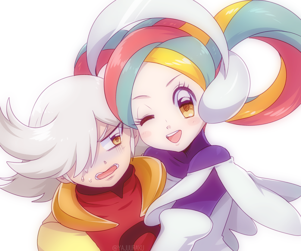 1boy, 1girl, ;d, bodysuit, commentary, elbow_gloves, eyelashes, gloves