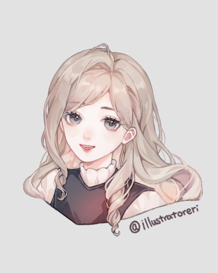 1girl, black_vest, brown_hair, english_commentary, eri_(vtuber), grey_background, grey_eyes, hair_behind_ear, indie_virtual_youtuber, long_hair, looking_at_viewer, open_mouth, portrait, shirt, simple_background, smile, solo, twitter_username, ukaria, vest, virtual_youtuber, white_shirt
