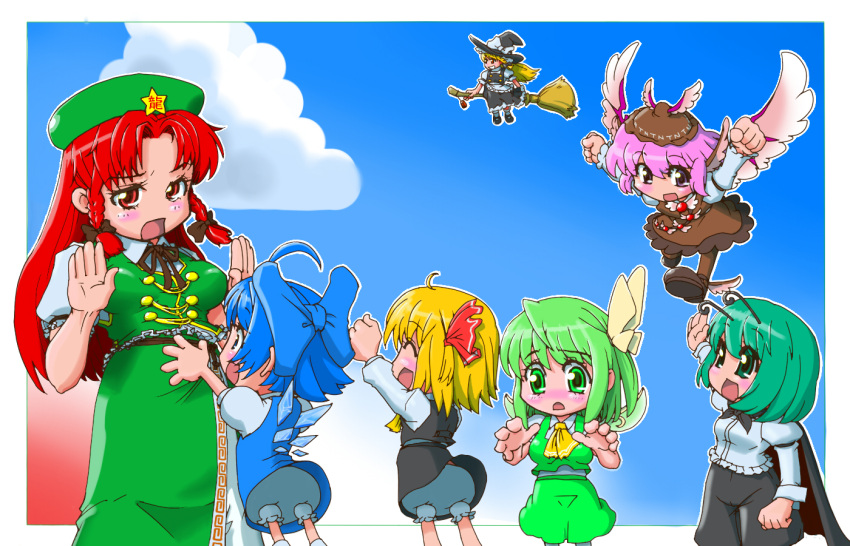 antenna, antennae, blonde_hair, blue_eyes, blue_hair, bow, braid, broom