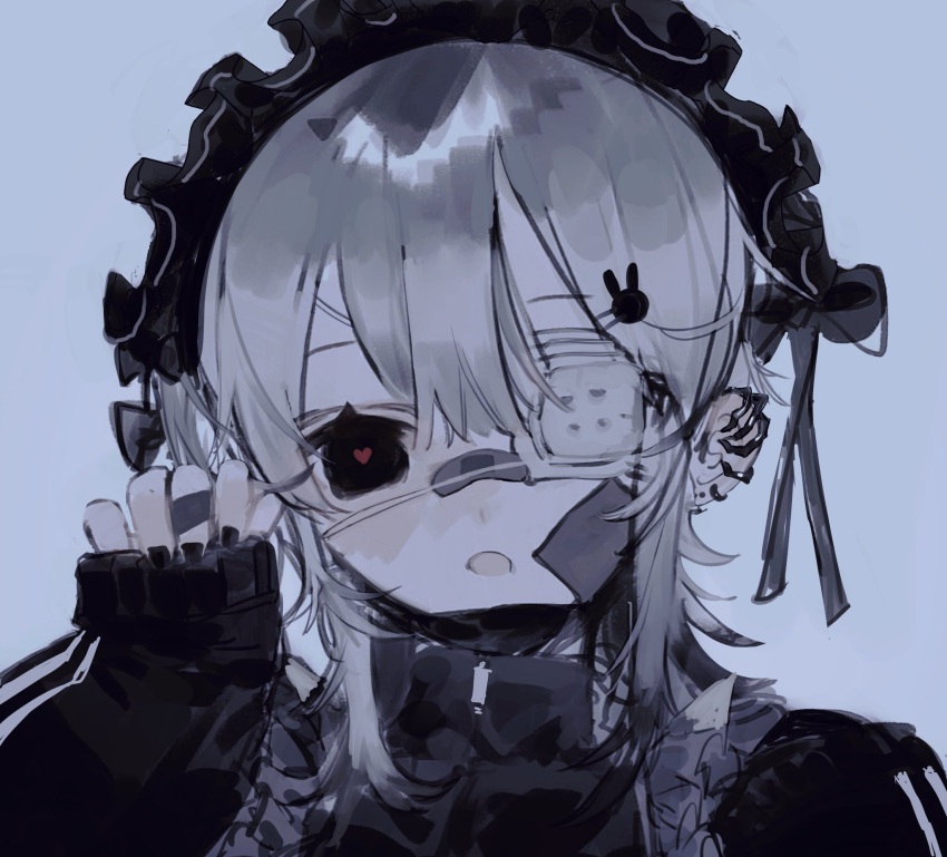 1girl, bandaid, bandaid_on_face, bandaid_on_nose, black_bow, black_eyes, black_headwear, black_jacket, black_nails, bow, ear_piercing, eyepatch, hair_bow, hair_ornament, heart, heart-shaped_pupils, highres, jacket, kiu_(why7b), long_sleeves, looking_at_viewer, maid, maid_headdress, medical_eyepatch, open_mouth, original, piercing, portrait, rabbit_hair_ornament, red_pupils, solo, symbol-shaped_pupils, track_jacket, white_hair