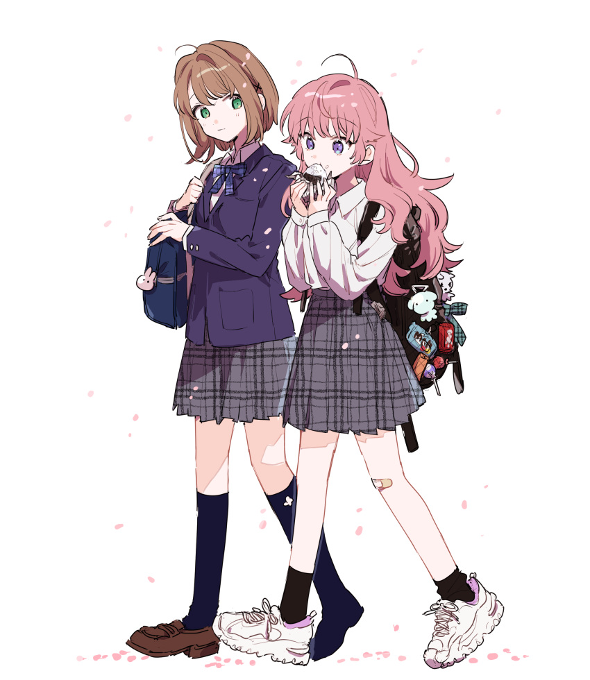 2girls, absurdres, ahoge, aono_(cmns), artist_request, backpack, bag, black_bag, black_socks, blue_bag, blue_socks, brown_footwear, brown_hair, check_artist, collared_shirt, green_eyes, grey_skirt, highres, kagari_mimi, kimi_ga_shinu_made_koi_wo_shitai, loafers, long_hair, long_sleeves, looking_at_another, medium_hair, multiple_girls, pink_hair, plaid, plaid_skirt, pleated_skirt, school_bag, school_uniform, shirt, shoes, simple_background, skirt, sneakers, socks, totsuki_shiina, violet_eyes, walking, white_background, white_footwear, white_shirt