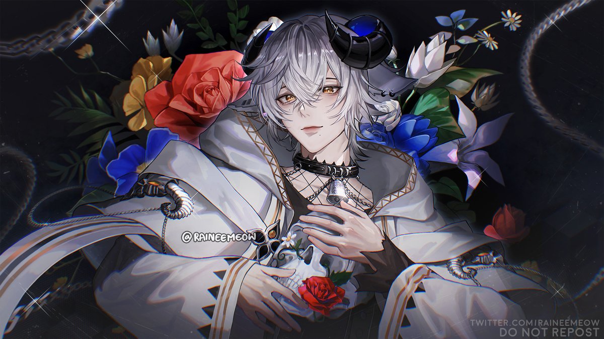 1boy, algorhythm_project, animal_ears, artist_name, baabel_(algorhythm_project), bell, black_choker, black_horns