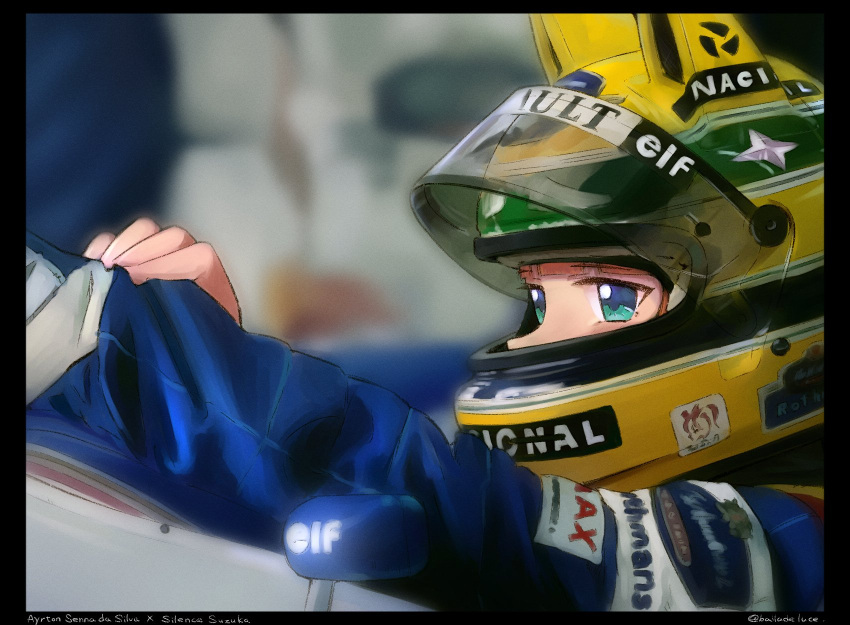 1girl, animal_ears_helmet, ayrton_senna, ayrton_senna_(cosplay), balladeluce, black_border, blue_eyes, blue_jumpsuit