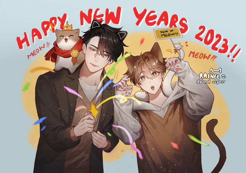 2boys, animal_ear_fluff, animal_ears, animal_on_shoulder, artist_name, asymmetrical_bangs, black_hair, black_hairband