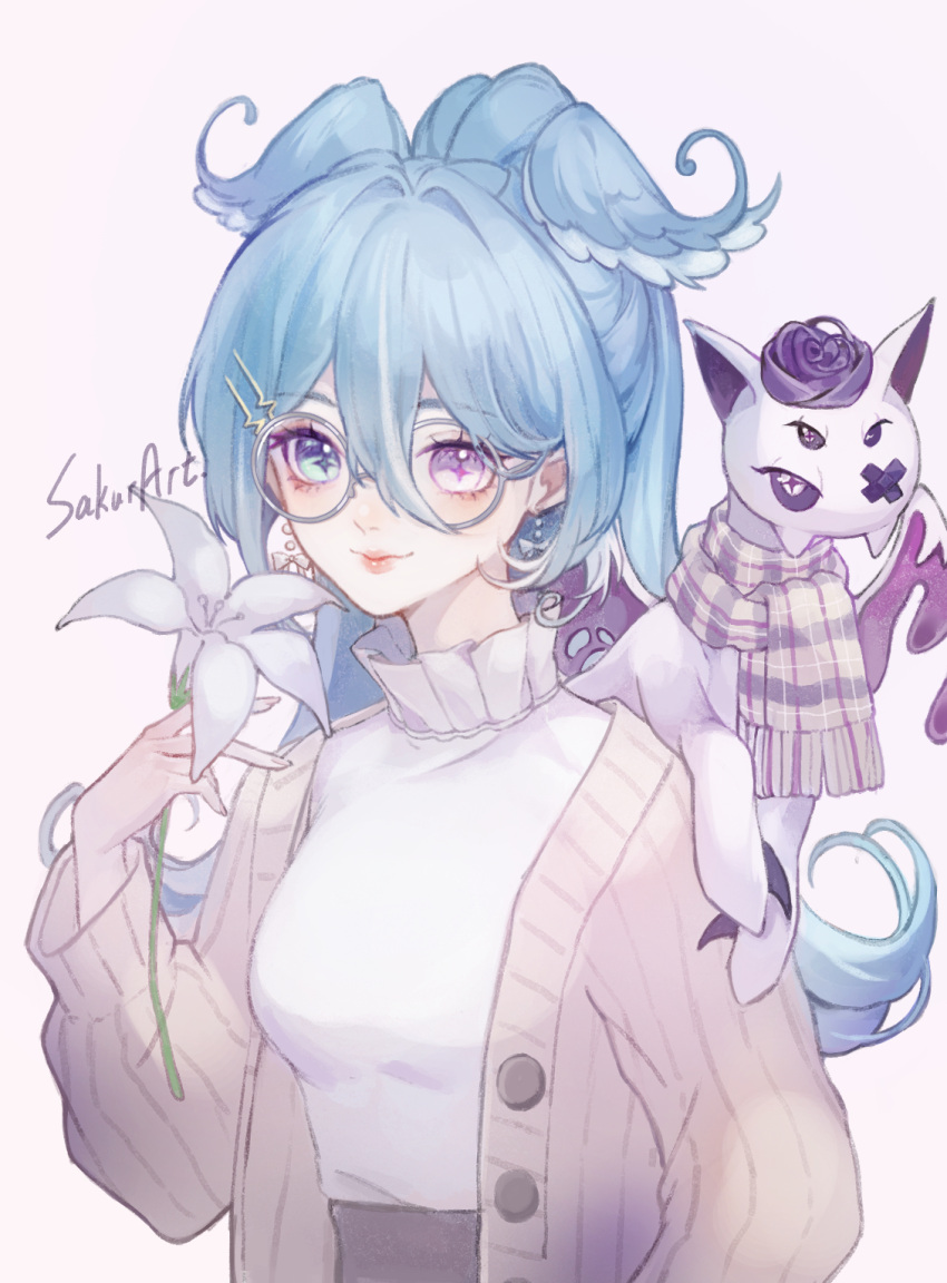 1girl, artist_name, black_sclera, blue_eyes, breasts, brown_cardigan, cardigan, colored_sclera