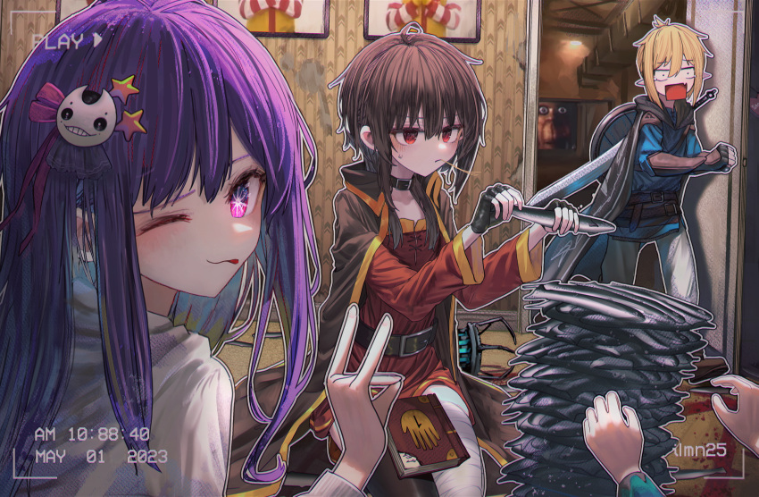 2boys, 2girls, absurdres, brown_hair, cape, character_request, closed_mouth, copyright_request