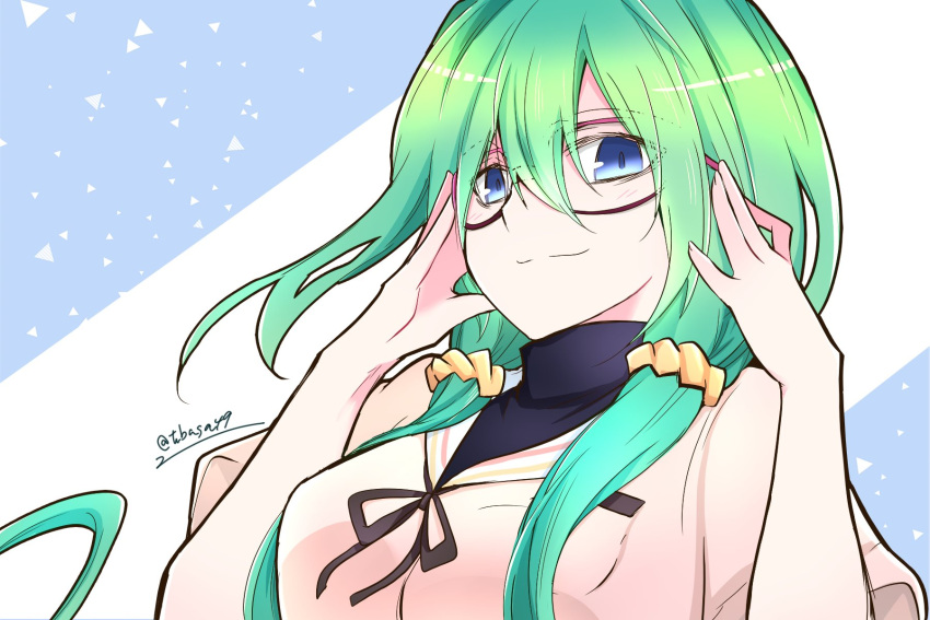 1girl, aqua_eyes, artist_name, brown_ribbon, closed_mouth, glasses, green_hair, hair_ornament, hair_scrunchie, highres, himetsuru_ichimonji_(tenka_hyakken), holding, holding_eyewear, long_hair, looking_at_viewer, low_twintails, ribbon, sailor_collar, school_uniform, scrunchie, shirt, short_sleeves, smile, solo, tenka_hyakken, tubasa49, twintails, upper_body