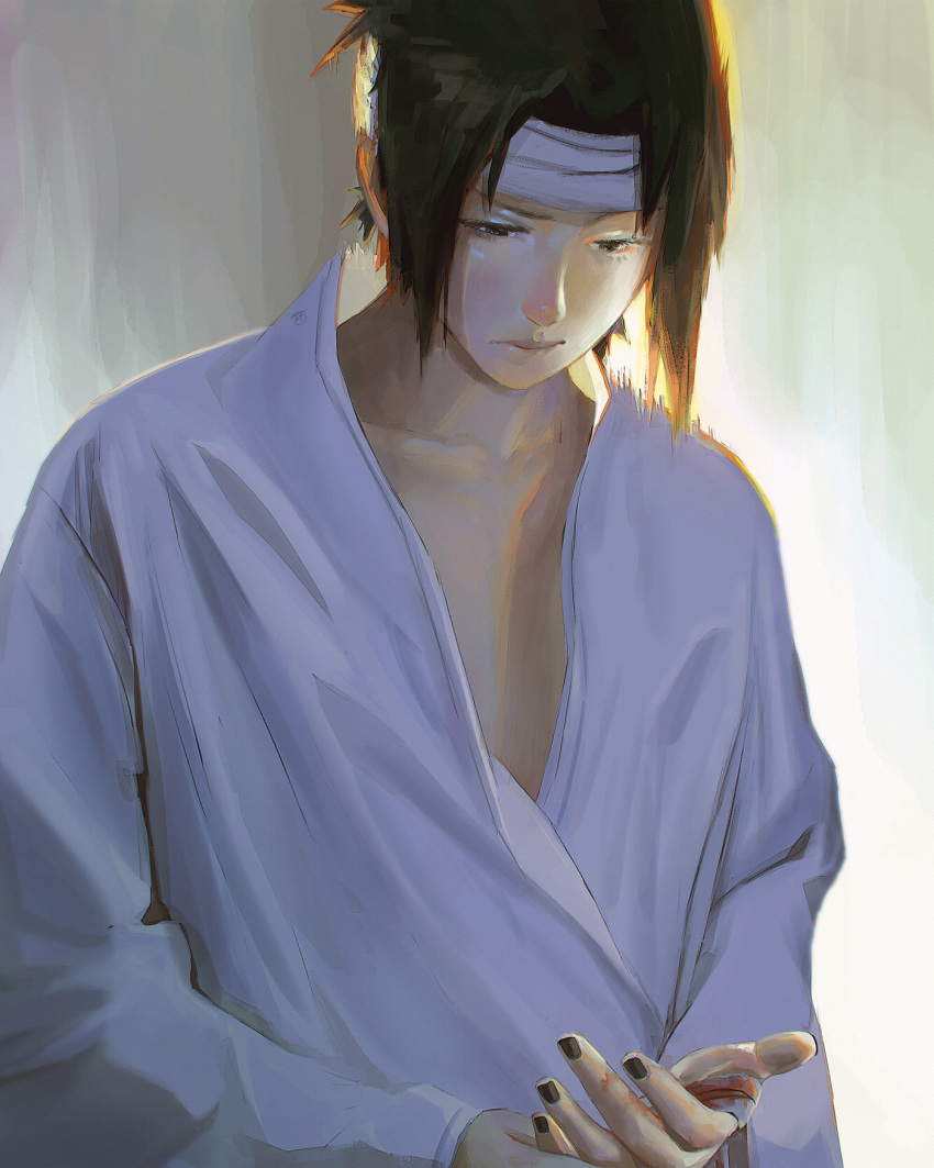 1boy, black_hair, black_nails, blurry, blurry_background, brush_stroke, commentary, headband