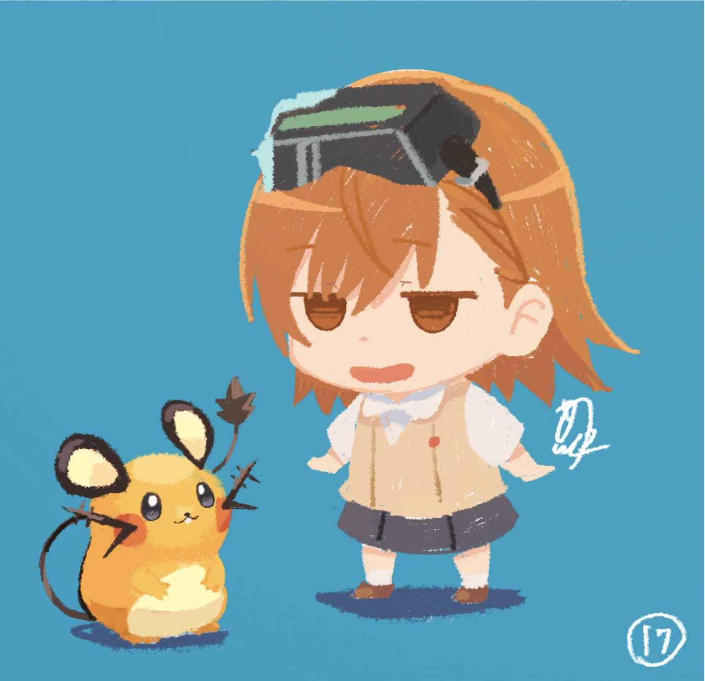 1girl, 1other, asshuku, black_skirt, blue_background, brown_eyes, brown_footwear, brown_hair