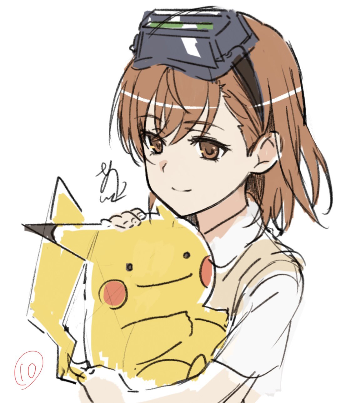 1girl, 1other, asshuku, brown_eyes, brown_hair, brown_sweater_vest, collared_shirt, crossover