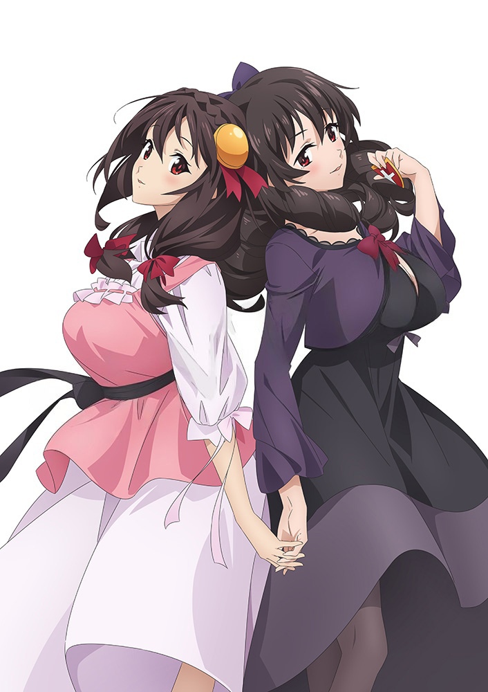 2girls, artist_request, arue_(konosuba), back-to-back, belt, black_belt, black_dress, black_hair
