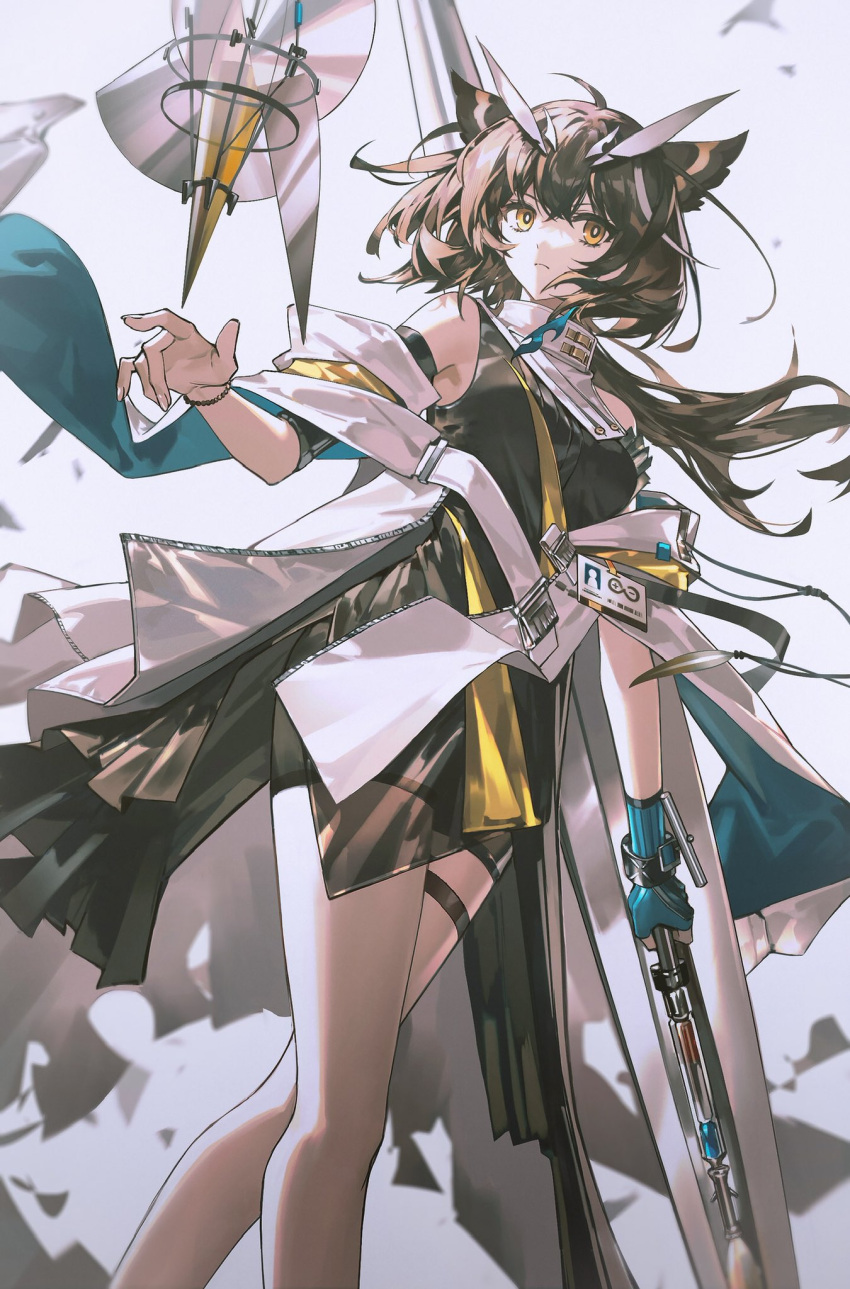 1girl, arknights, armpits, black_dress, blue_gloves, bracelet, bright_pupils, brown_hair