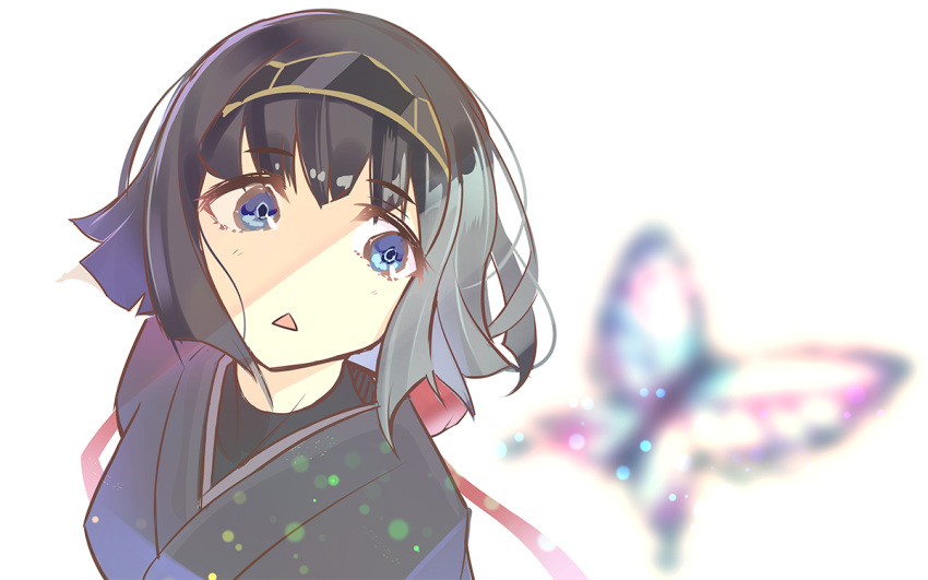 1girl, black_hair, black_kimono, blue_eyes, blunt_bangs, blurry, blurry_foreground, bug, butterfly, commentary_request, floating_hair, gold_trim, hair_strand, hairband, heshikiri_hasebe_(tenka_hyakken), japanese_clothes, kimono, kurukuru_(p!), shade, short_hair, tenka_hyakken, triangle_mouth, upper_body, white_background
