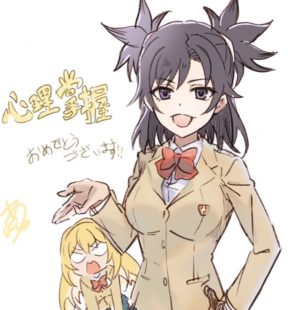 2girls, :3, annoyed, asshuku, black_eyes, black_hair, blonde_hair, bow