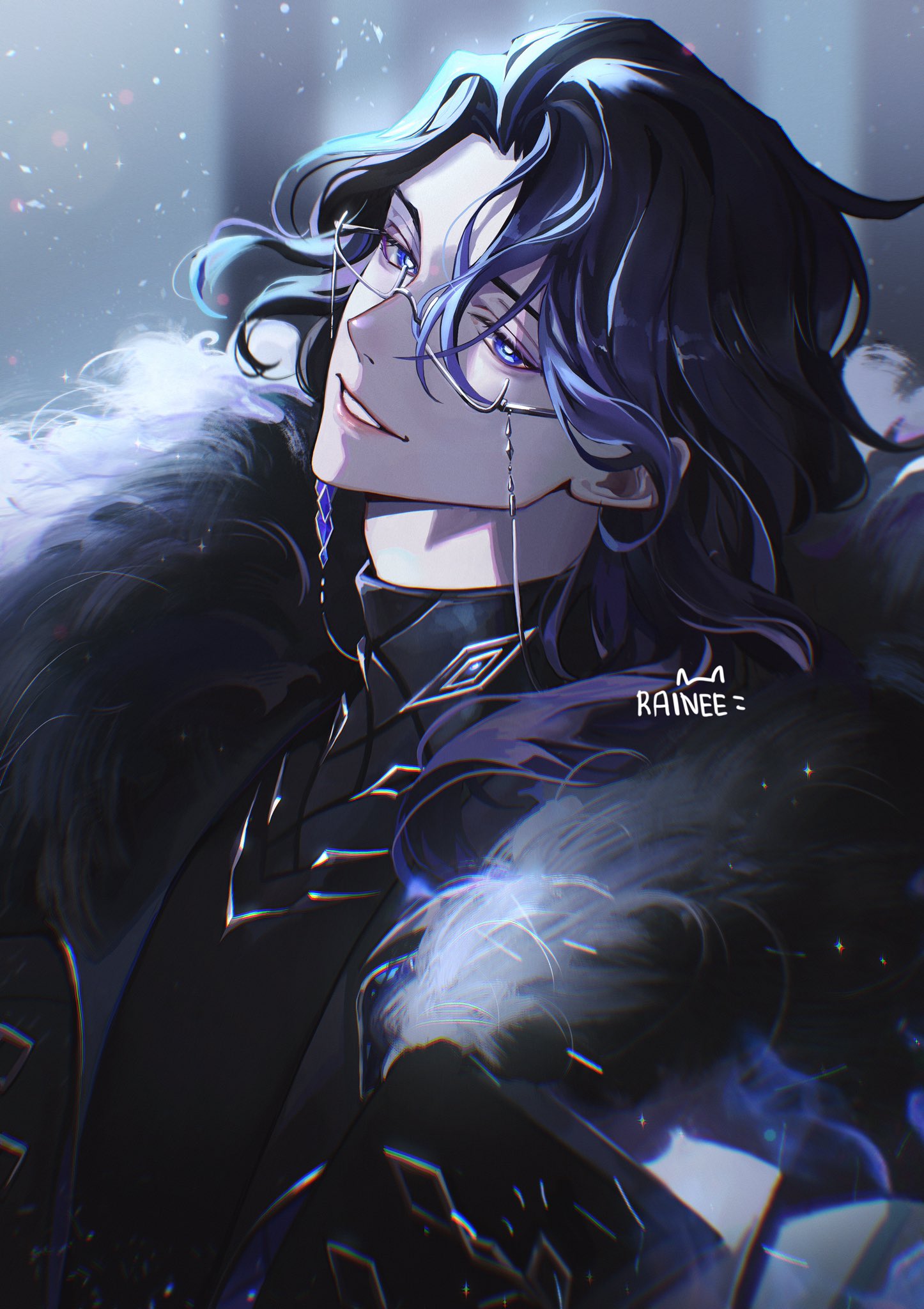 1boy, artist_name, black_hair, blue_eyes, blurry, blurry_background, bright_pupils, coat, commentary, english_commentary, eyewear_strap, fur-trimmed_coat, fur_trim, genshin_impact, glasses, hair_between_eyes, hair_over_shoulder, head_tilt, highres, lapels, light_particles, long_hair, looking_at_viewer, male_focus, open_clothes, open_coat, pantalone_(genshin_impact), parted_bangs, parted_lips, raineemeow, semi-rimless_eyewear, sidelocks, smile, solo, teeth, turtleneck, under-rim_eyewear, upper_body, white_coat, white_pupils