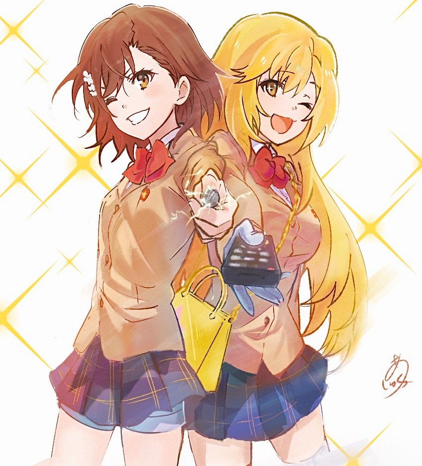 2girls, :3, arm_at_side, asshuku, back-to-back, bag, bare_legs, blonde_hair
