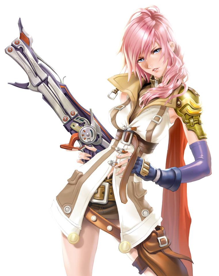 blue_eyes, cape, elbow_gloves, final_fantasy, final_fantasy_xiii, fingerless_gloves, gloves, hand_on_hip