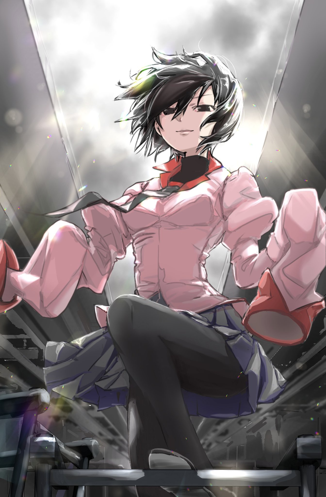 1girl, backlighting, black_background, black_eyes, black_footwear, black_hair, black_necktie, black_pantyhose