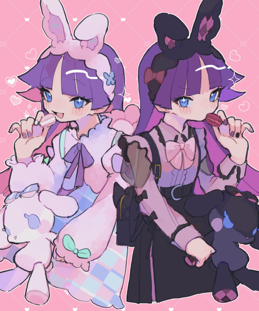 2girls, animal_ears, blue_eyes, blush, dress, dual_persona, feli_(puyopuyo), highres