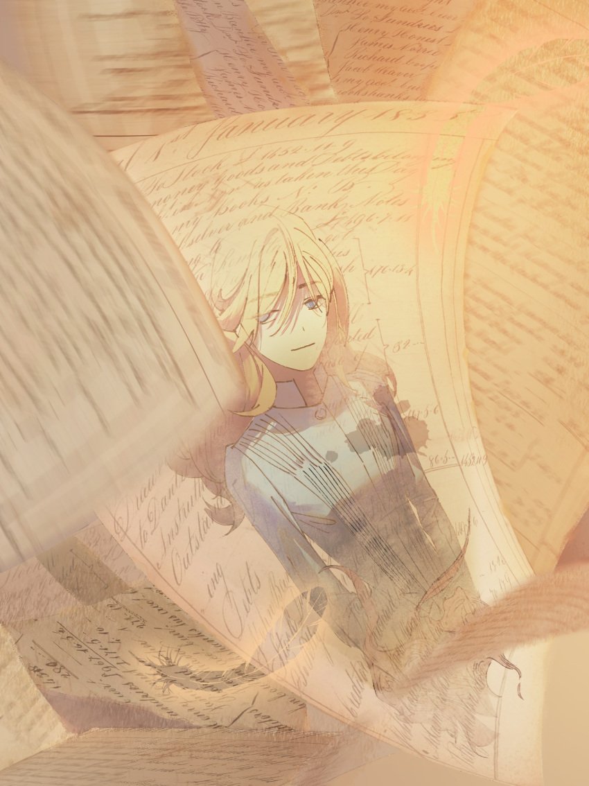 1girl, abstract_background, aurore_lee, blonde_hair, blue_dress, blue_eyes, chinese_commentary, circle_of_inevitability, commentary_request, dress, empty_eyes, feathers, flying_paper, highres, long_hair, lord_of_the_mysteries, paper, qiongnian76986, shaded_face, smile, solo