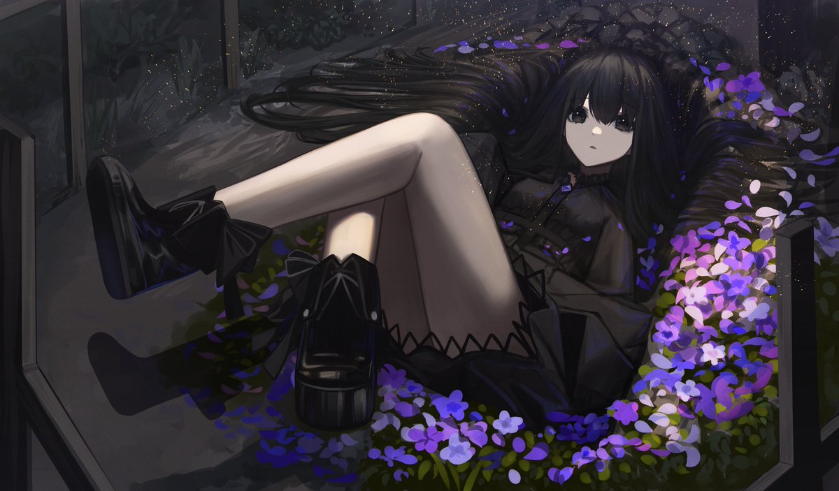 1girl, :<, black_bow, black_dress, black_eyes, black_footwear, black_hair, bow