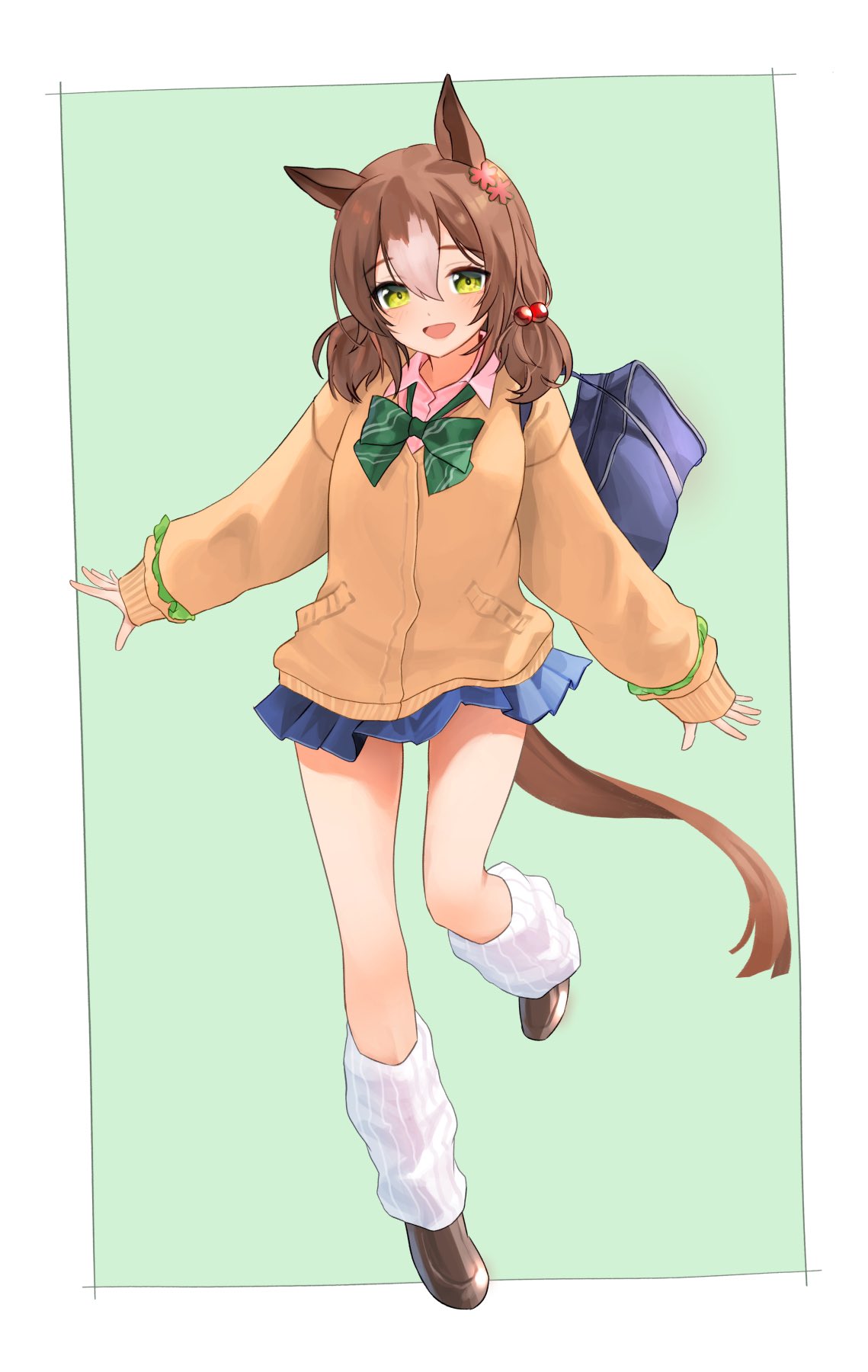 alternate_costume, alternate_hairstyle, animal_ears, bag, breasts, brown_hair, fine_motion_(umamusume), full_body, green_eyes, gyaru, hair_ornament, highres, horse_ears, horse_girl, horse_tail, katukodx, leg_up, looking_at_viewer, medium_breasts, medium_hair, open_mouth, ribbon, simple_background, standing, tail, umamusume
