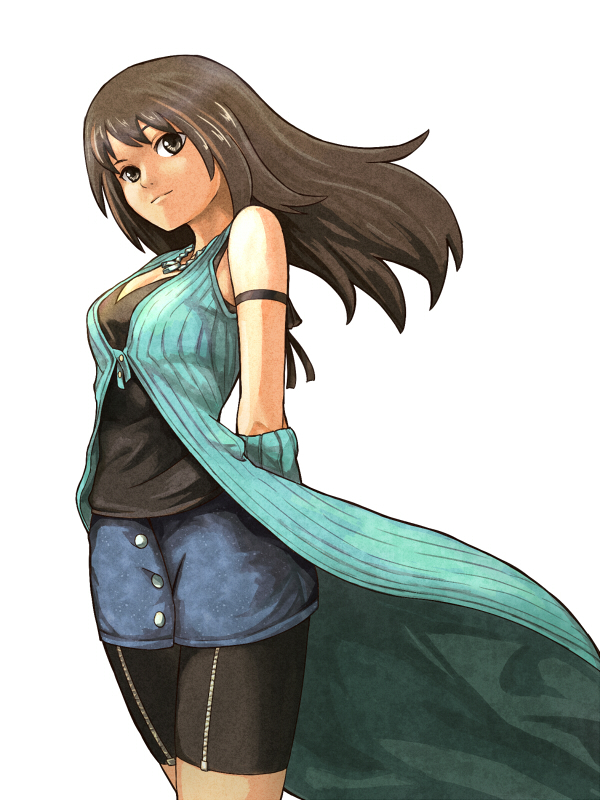 arm_ribbon, arms_behind_back, bike_shorts, black_ribbon, black_shorts, brown_eyes, brown_hair, buttons