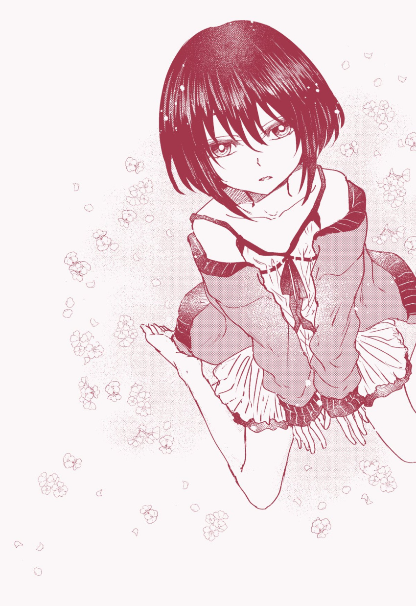 1girl, bare_legs, between_legs, black_hair, bob_cut, bright_pupils, collarbone, dress