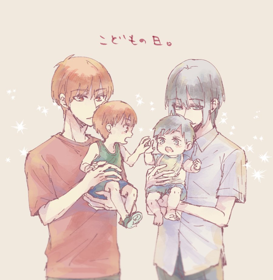 4boys, aged_down, baby, black_pants, brown_background, collared_shirt, fruits_basket, fruits_basket_another, grey_eyes, grey_hair, holding_baby, looking_at_another, multiple_boys, orange_eyes, orange_hair, pants, red_shirt, reimei_(1988), shirt, short_hair, short_sleeves, sidelocks, sketch, souma_hajime, souma_kyou, souma_mutsuki, souma_yuki, sparkle, standing, t-shirt, toddler, upper_body, very_short_hair, white_shirt
