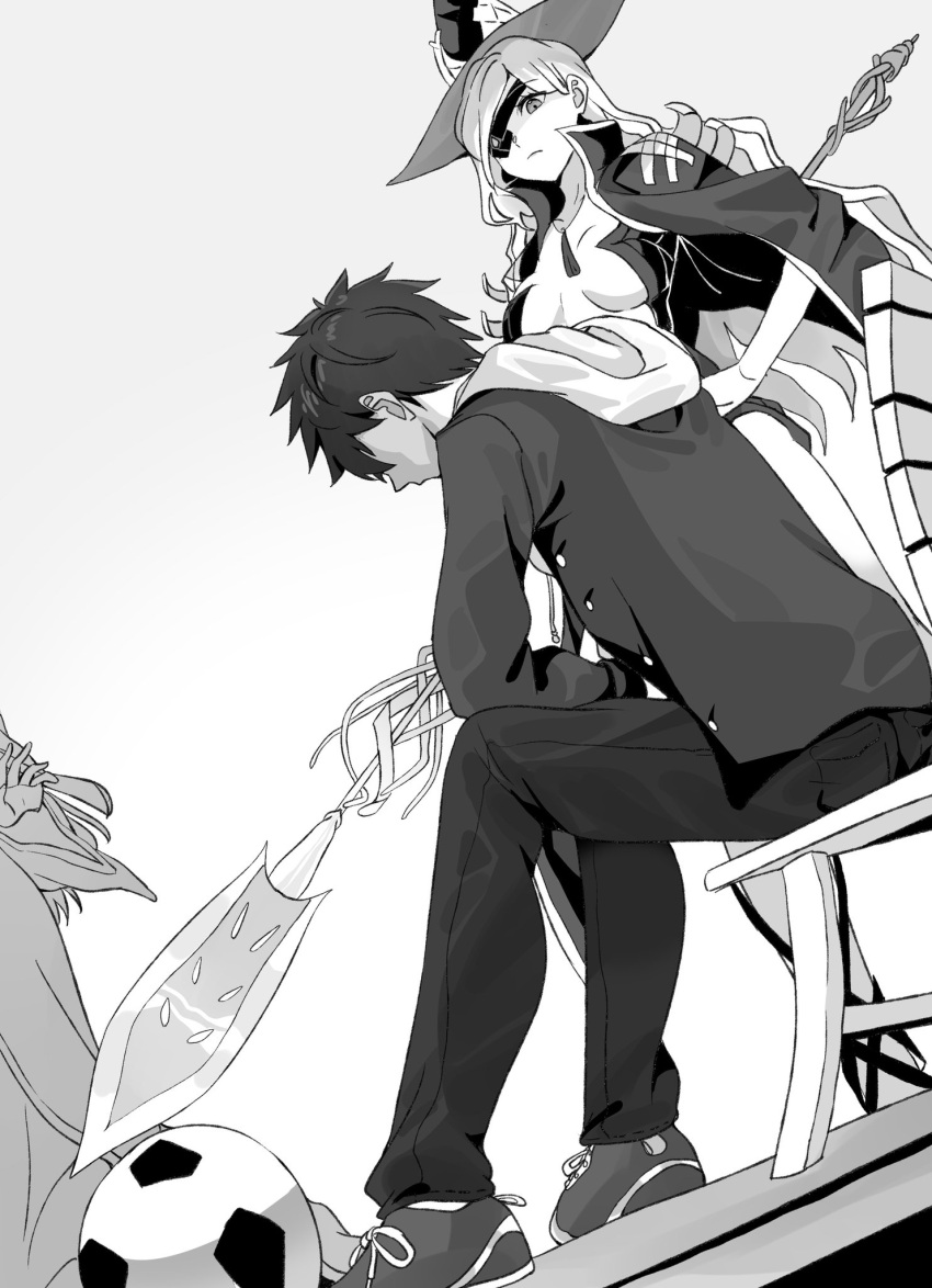 1boy, 2girls, arms_on_knees, ball, black_footwear, black_hair, black_jacket, black_pants, blonde_hair, breasts, cape, crossed_arms, despair, dutch_angle, expressionless, eyepatch, from_side, greyscale, gungnir_(toaru), hand_on_own_hip, hat, highres, holding, holding_polearm, holding_weapon, hood, hood_down, index_(toaru_majutsu_no_index), jacket, kamijou_touma, katze_(spongebob792), leaning_forward, light_frown, long_hair, looking_at_another, monochrome, multiple_girls, nun, othinus, pants, polearm, revealing_clothes, robe, short_hair, sideboob, sitting_on_bench, small_breasts, soccer_ball, spiky_hair, spoilers, toaru_majutsu_no_index, very_short_hair, weapon, white_background, white_robe, witch_hat