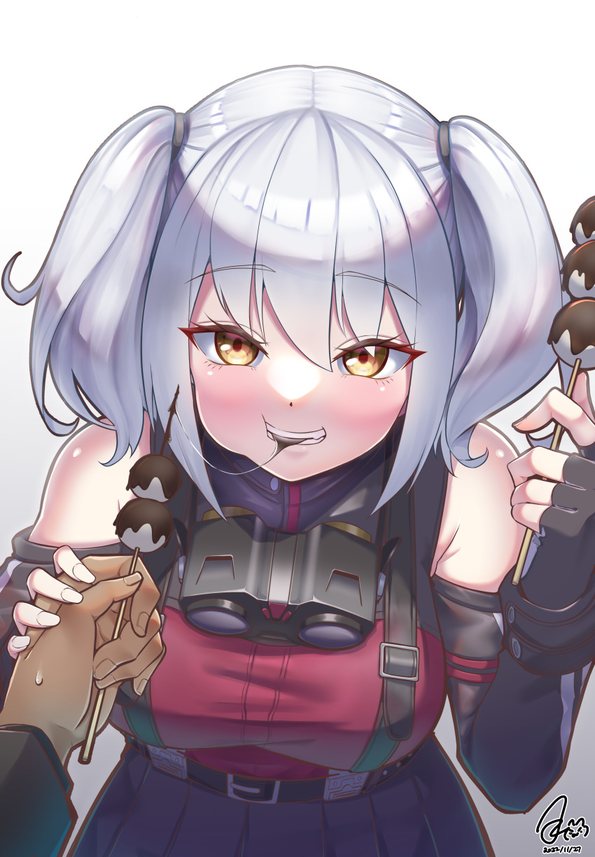 absurdres, bare_shoulders, belorta_(nikke), belt, binoculars, black_belt, black_gloves, black_skirt