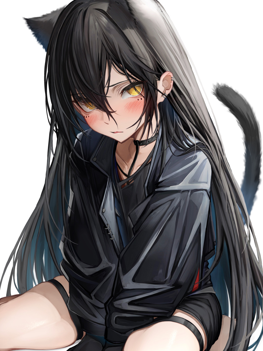 1girl, absurdres, animal_ears, arknights, black_choker, black_hair, black_jacket, black_shorts