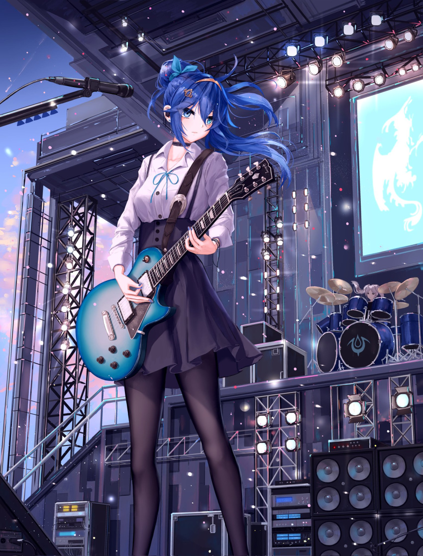 2girls, amplifier, band, black_pantyhose, black_skirt, blue_eyes, blue_hair, buttons