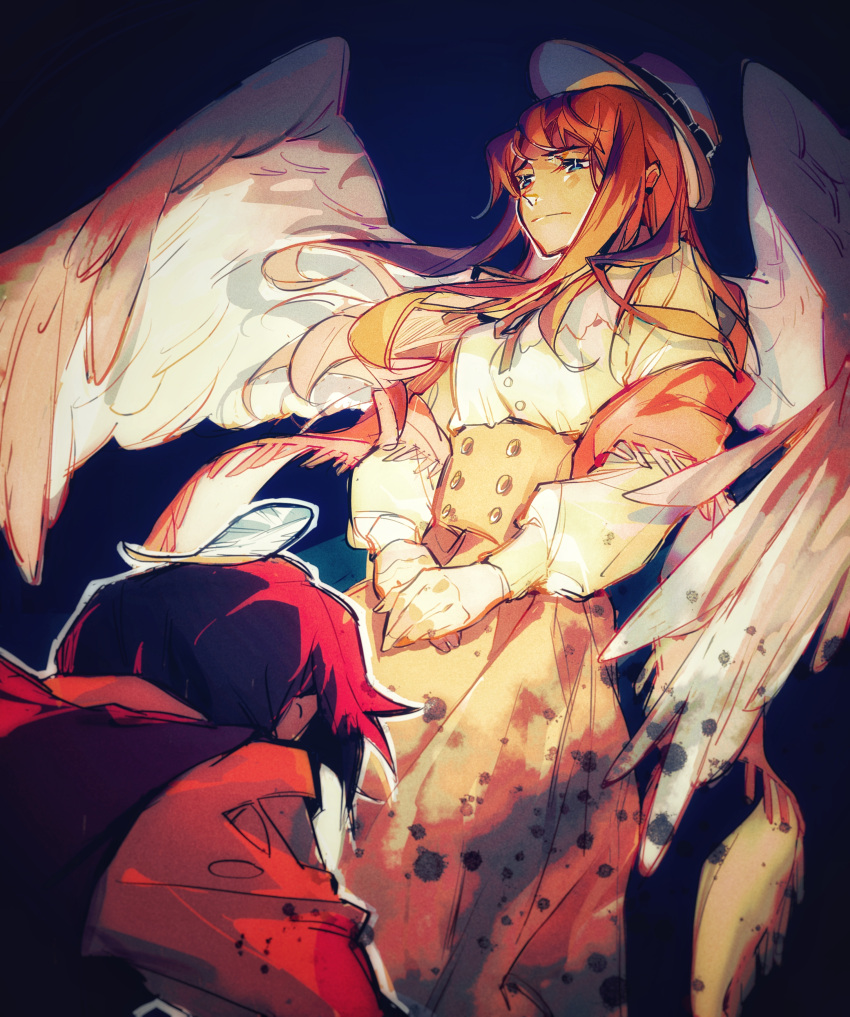 1boy, 1girl, absurdres, angel, angel_wings, black_background, black_hair, blue_eyes