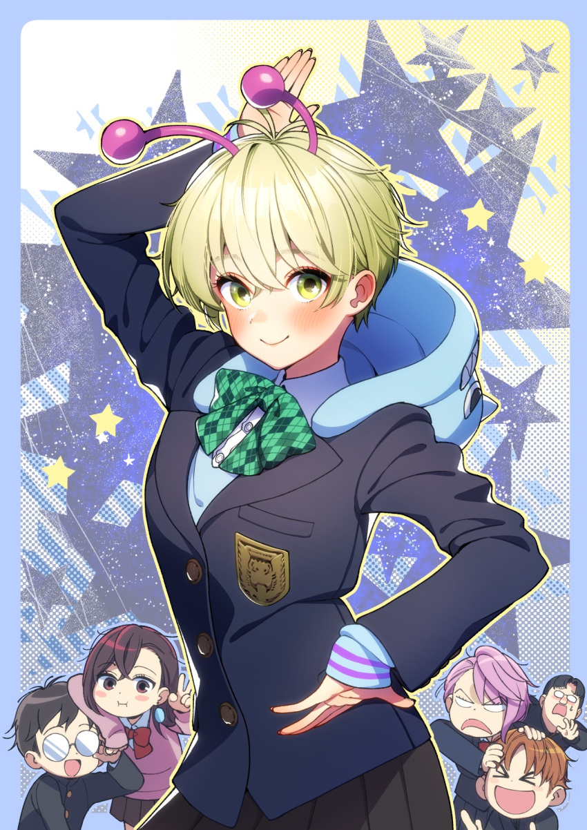 >_<, 3boys, 3girls, aira_shiratori_(dandadan), antennae, arm_up, ayase_momo, bamora_(dandadan)