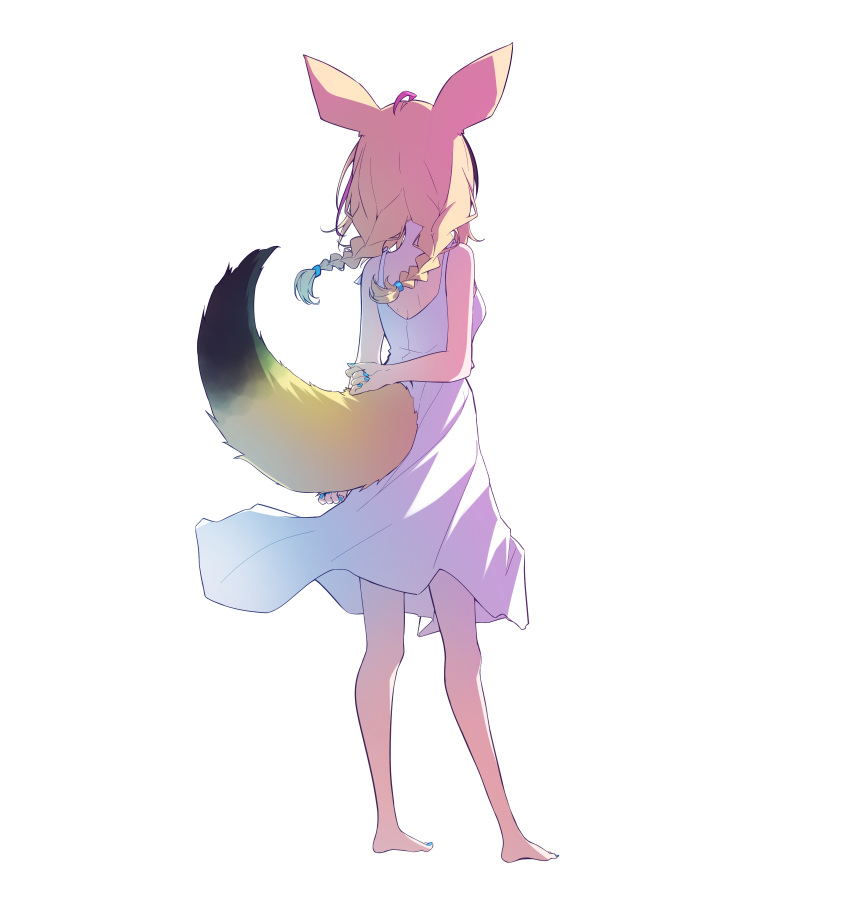 1girl, absurdres, alternate_costume, alternate_hairstyle, animal_ear_fluff, animal_ears, arms_behind_back, bare_shoulders