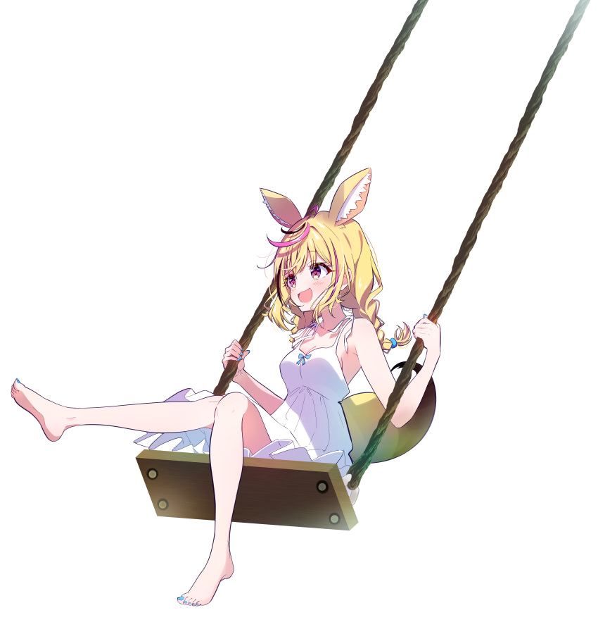 1girl, absurdres, alternate_costume, alternate_hairstyle, animal_ear_fluff, animal_ears, bare_shoulders, barefoot