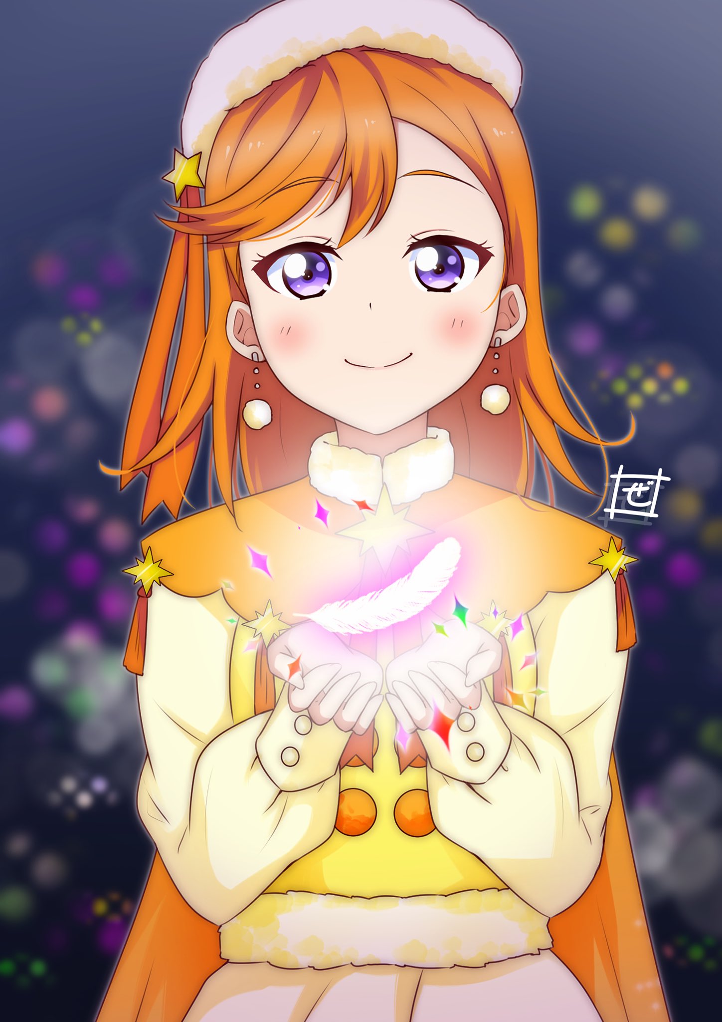 1girl, birthday, blush, cape, commentary, earrings, glowing_feather, hat