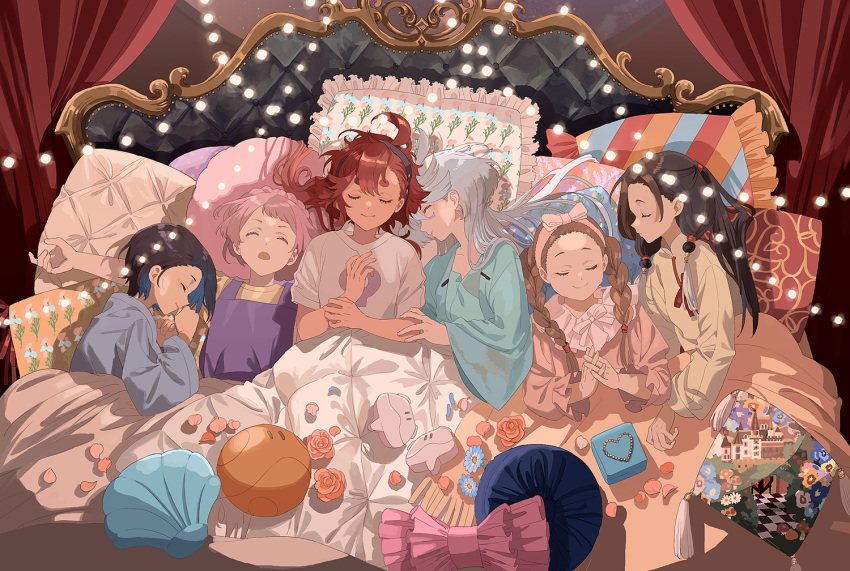 6+girls, afro, aliya_mahvash, black_hair, black_hairband, blue_hair, bow, braid
