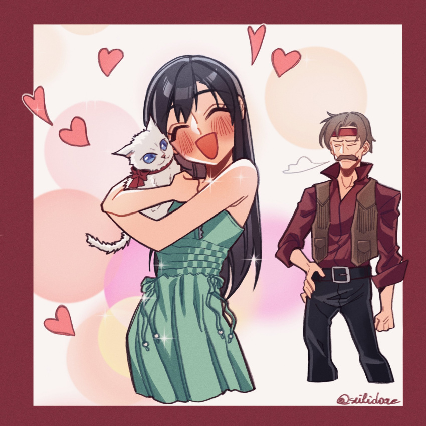 1boy, 1girl, aged_down, animal, animal_hug, aqua_dress, bare_shoulders, belt, belt_buckle, black_belt, black_hair, black_pants, blush, brian_lockhart, brown_hair, brown_vest, buckle, cat, closed_eyes, closed_mouth, collared_shirt, cropped_legs, dress, english_commentary, facial_hair, father_and_daughter, female_child, final_fantasy, final_fantasy_vii, final_fantasy_vii_remake, hand_on_own_hip, headband, heart, high_collar, highres, long_hair, long_sleeves, maru_(ff7), neck_ribbon, open_mouth, pants, red_headband, red_ribbon, red_shirt, ribbon, seilidare, shirt, sigh, sparkle, sundress, tifa_lockhart, twitter_username, vest, white_cat