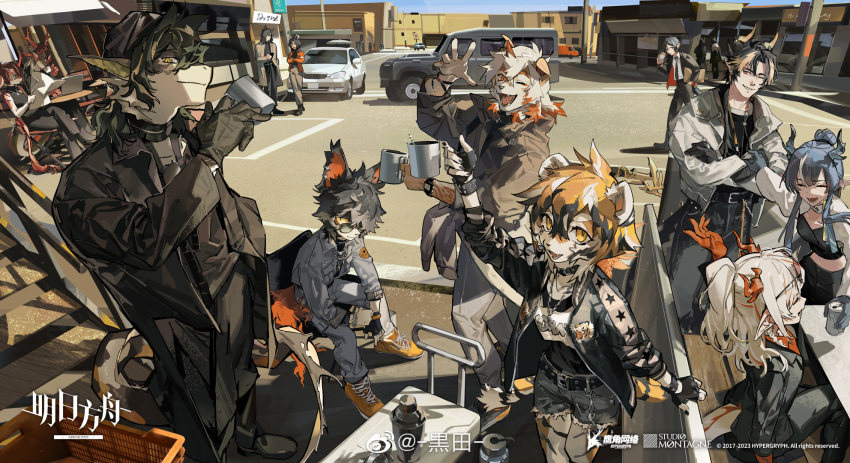 aak_(arknights), animal_ears, arknights, black_hair, blue_hair, car, chong_yue_(arknights), coat