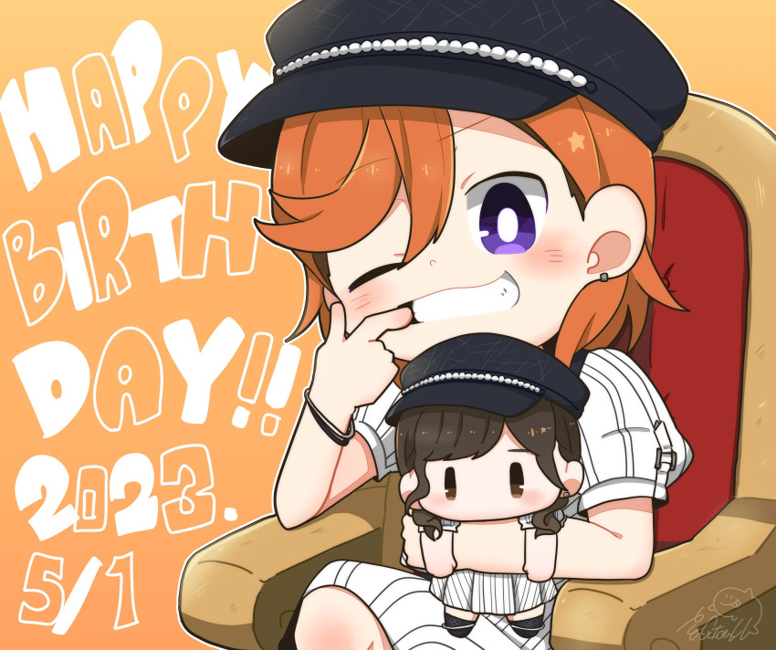 1girl, birthday, blush, bracelet, chibi, date_sayuri, dated, earrings, english_text, g_teall, happy_birthday, hat, highres, holding, holding_stuffed_toy, jewelry, looking_at_viewer, love_live!, love_live!_superstar!!, nesoberi, orange_hair, shibuya_kanon, signature, sitting, solo, stuffed_toy, violet_eyes, voice_actor_connection