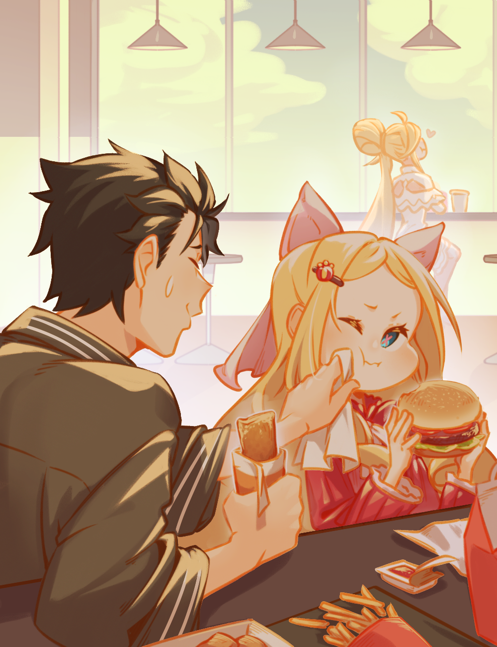 1boy, 2girls, alternate_costume, alternate_hairstyle, beatrice_(re:zero), black_hair, blonde_hair, blue_eyes